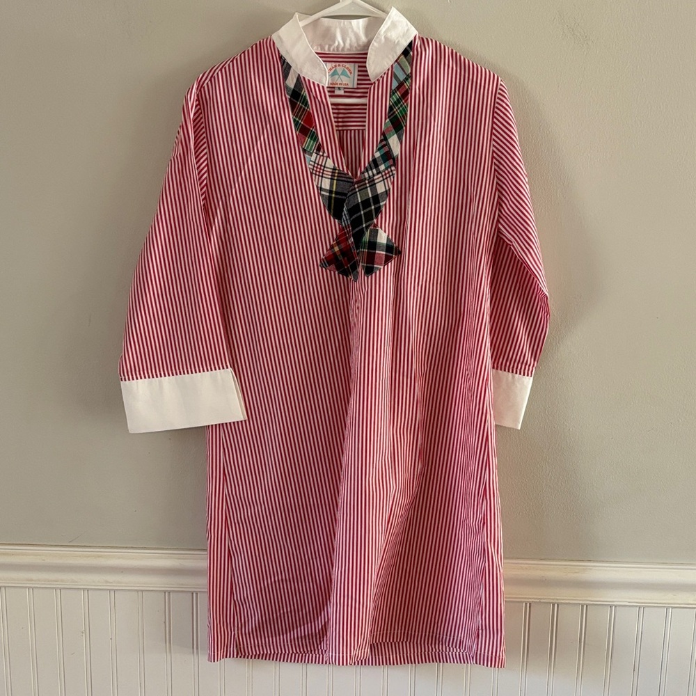 Crab and Cleek Shirtdreas Red Stripe 3/4 Sleeve with Plaid Accent Made in USA